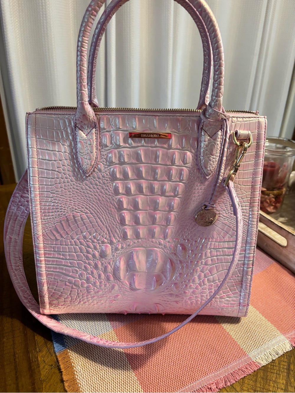 Brahmin Iridescent Pink Croc-Embossed Tote with Wristlet - Picture 3 of 9